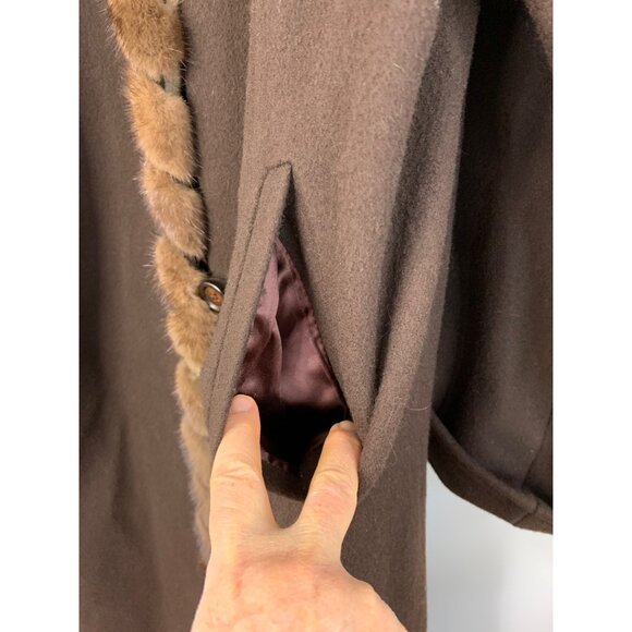 Vintage  Sz 16 Marvin Richards Brown Wool Coat Mink Trim Maxi Brown 7905 - Picture 12 of 15